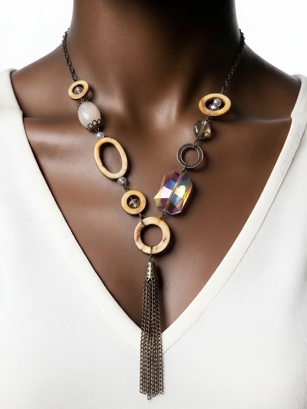 Bold Mixed Metal Ring & Beaded Tassel Statement Necklace - 24”+3” Drop